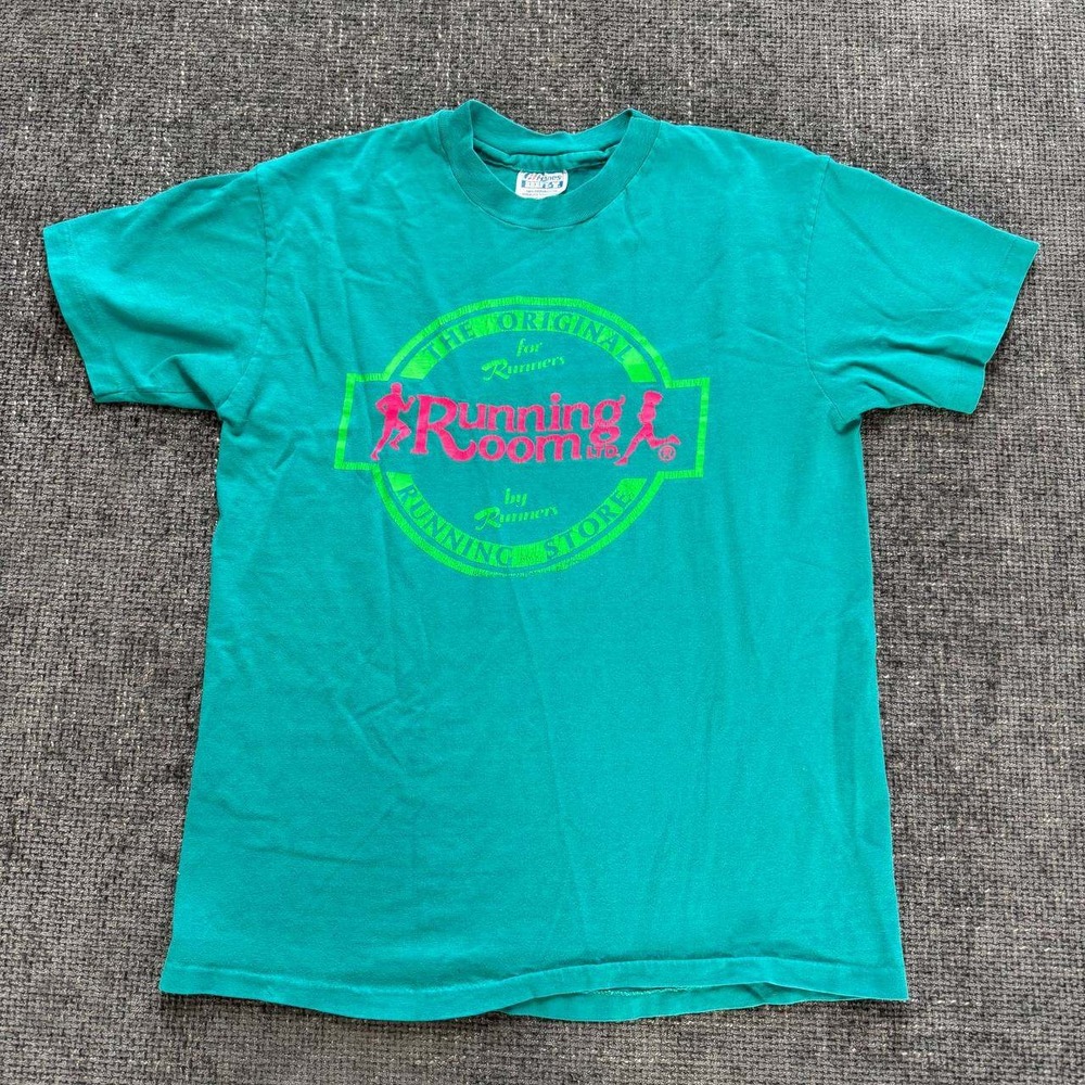 Hanes Running Room Graphic T-Shirt Women Large Teal 90s Vintage Beefy-T